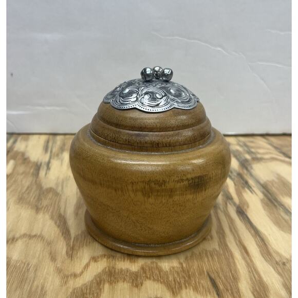 Handcrafted Mango Wood Thailand Round Wooden Box With Silver Metal Bells - Picture 1 of 9